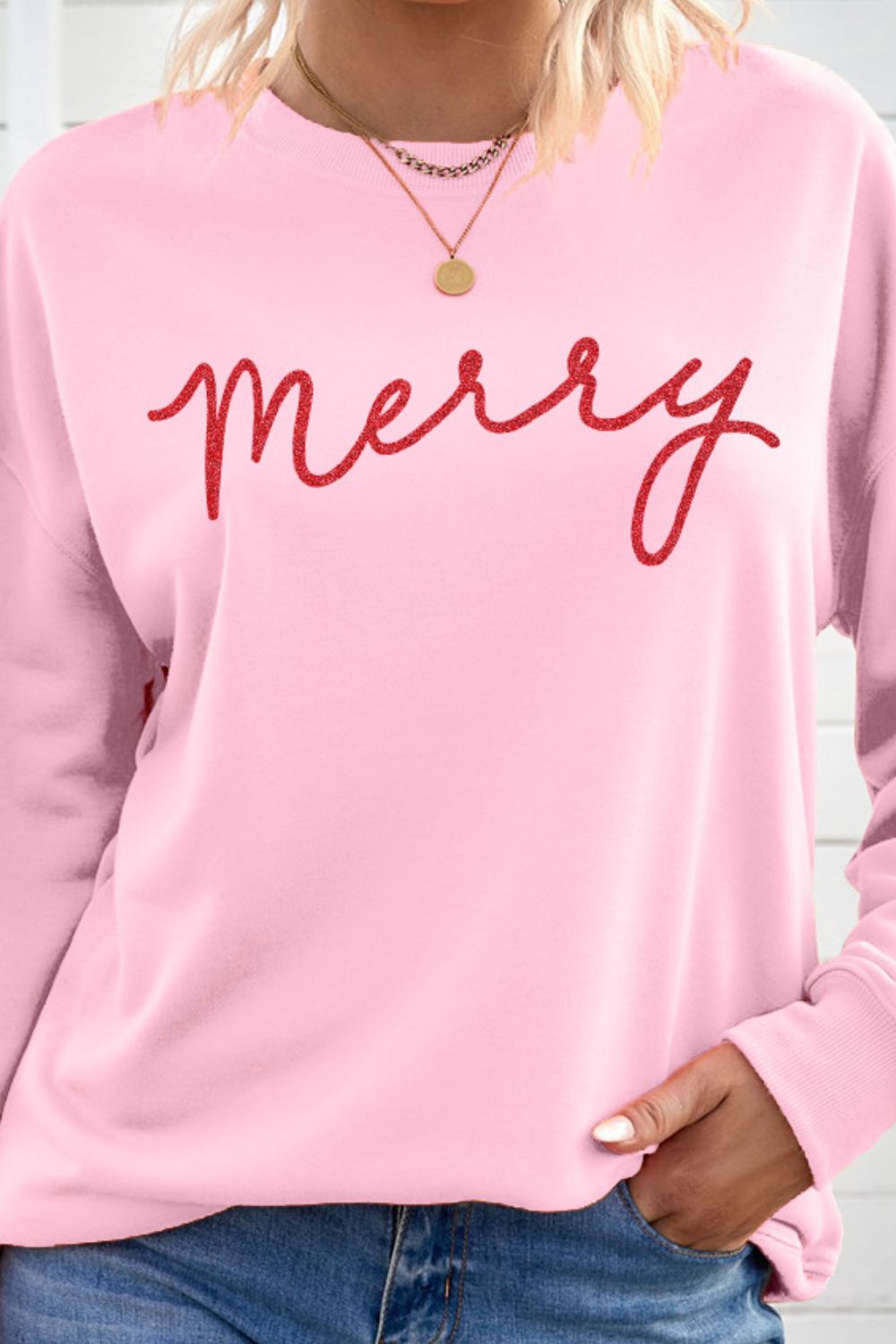 MERRY Graphic Drop Shoulder Sweatshirt | Round Neck Cuffed Sleeves Sweatshirt