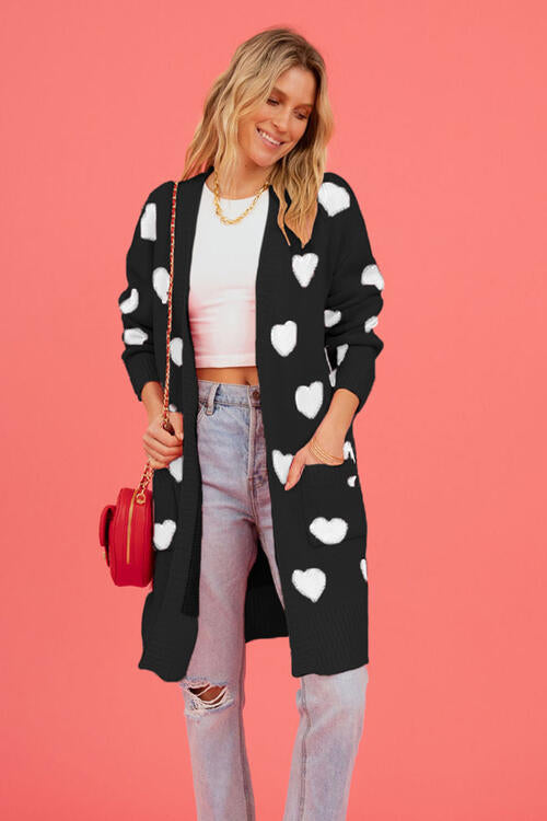 Heart Graphic Open Front Cardigan with Pockets | Cardigan With Ribbed Cuffs
