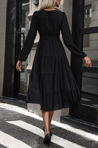 Tiered Ruched Button Up Midi Dress | Solid V-Neck Dress With Long Sleeves
