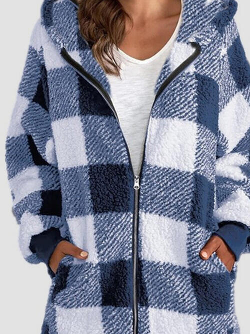 Plaid Zip Up Hooded Jacket with Pockets | Polyester Jacket With Cuffed Sleeves