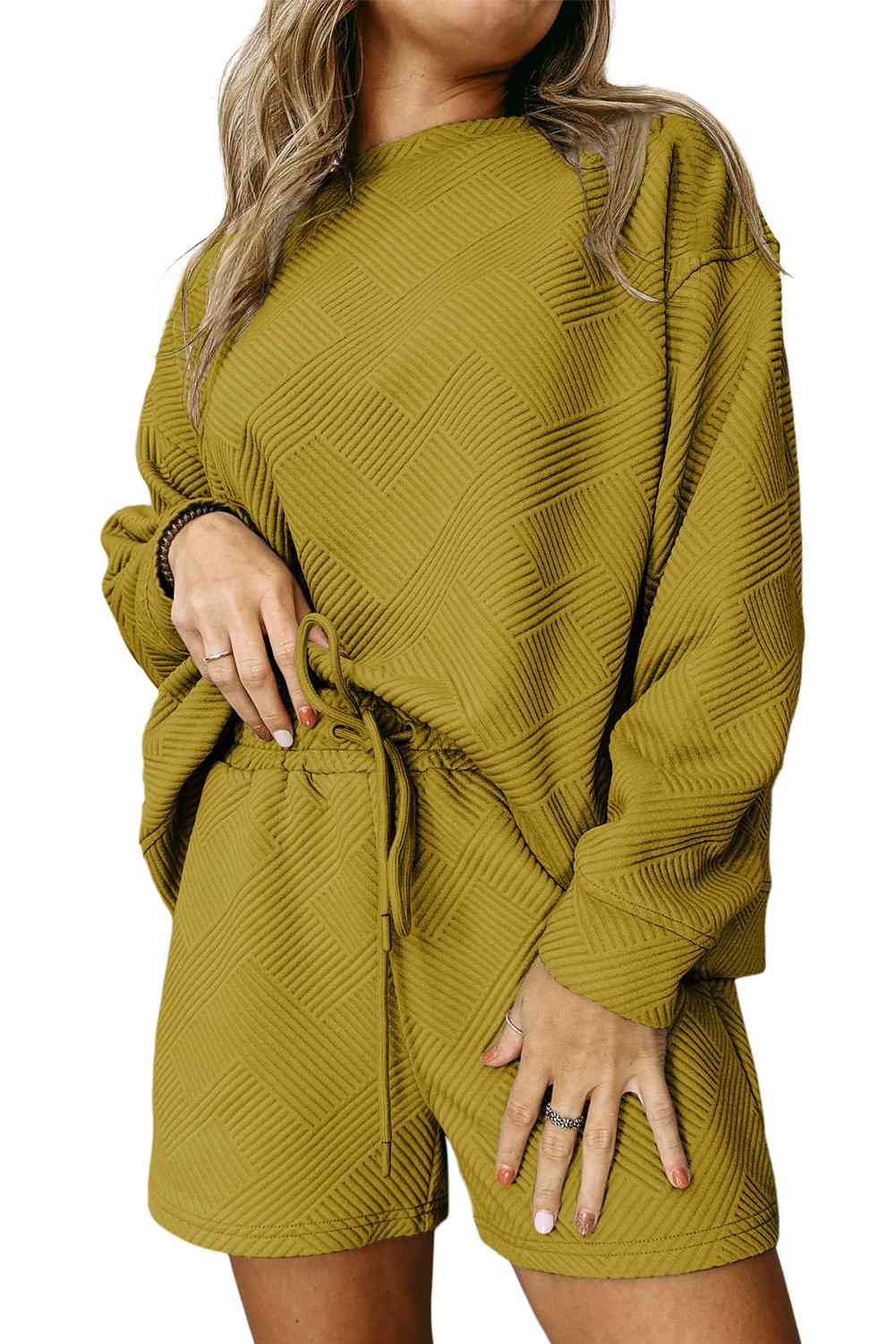 Ribbed Drop Shoulder Sweatshirt and Shorts Set | Casual Set With Pocketed Shorts