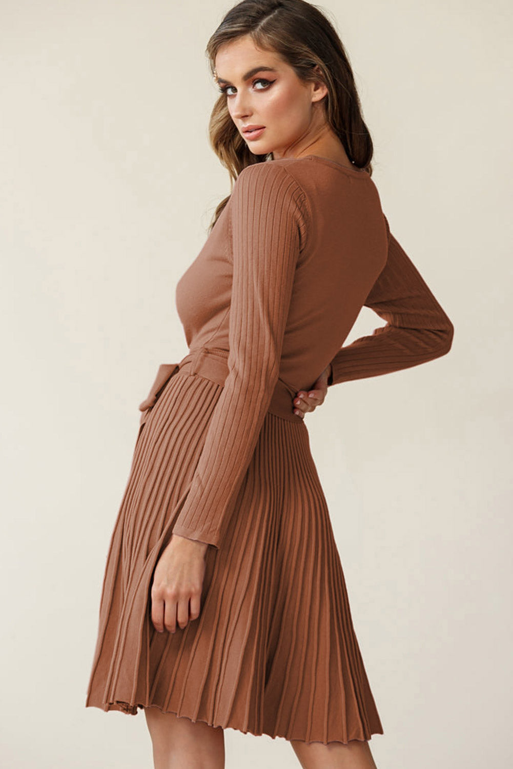 Surplice Neck Tie Waist Pleated Dress | Solid Viscose Dress With Long Sleeves