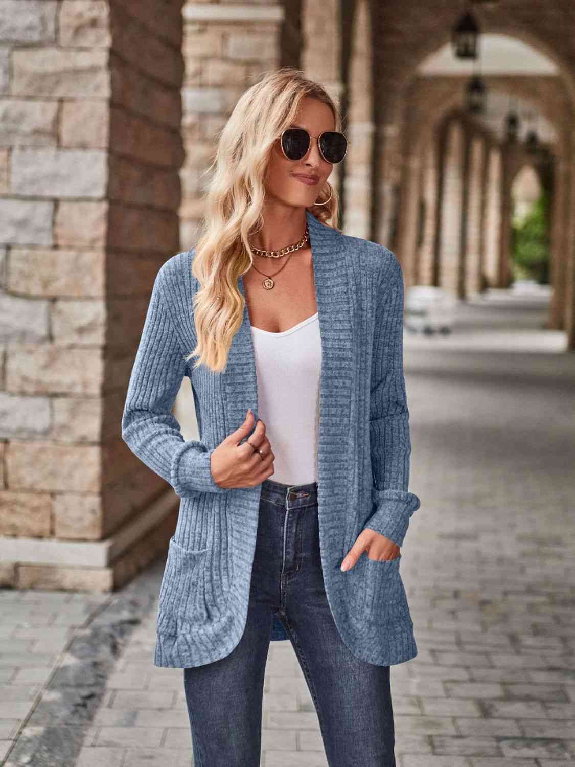 Open Front Cardigan with Pockets | Solid Casual Polyester Ribbed Cardigan