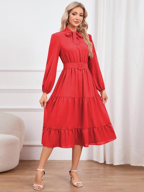 Tie Neck Long Sleeve Tiered Dress | Midi Dress With Waistband & Neck Bow