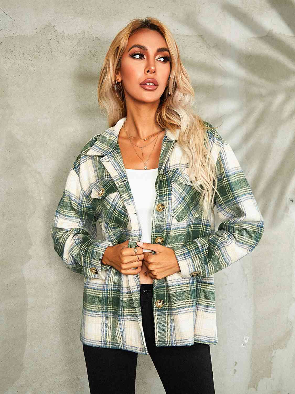 Plaid Button Down Collared Jacket | Woman's Casual Jacket With Chest Pockets