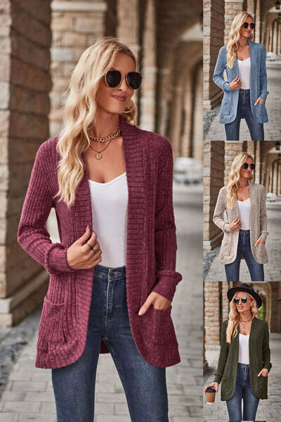 Open Front Cardigan with Pockets | Solid Casual Polyester Ribbed Cardigan