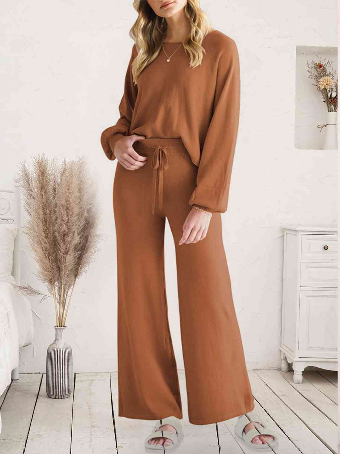 Long Sleeve Lounge Top and Drawstring Pants Set | Solid Acrylic Night Set