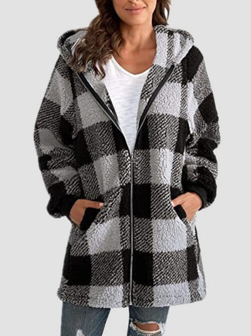 Plaid Zip Up Hooded Jacket with Pockets | Polyester Jacket With Cuffed Sleeves