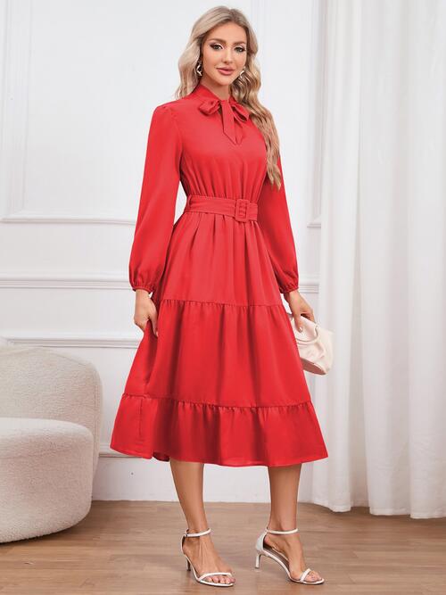 Tie Neck Long Sleeve Tiered Dress | Midi Dress With Waistband & Neck Bow