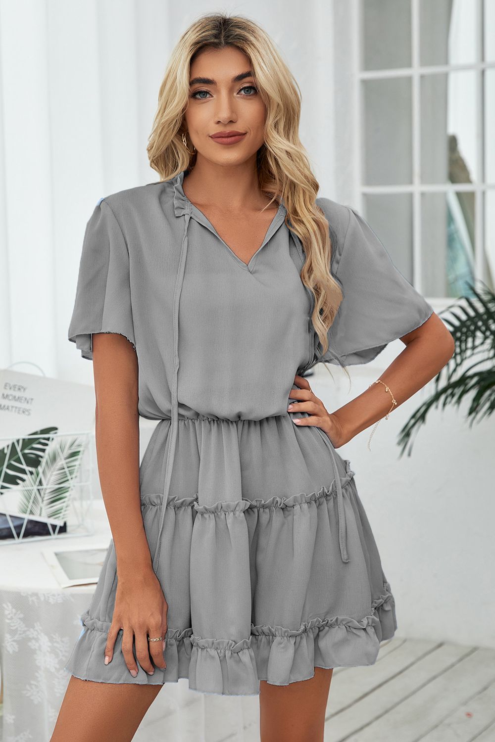 Tie Neck Frill Trim Short Sleeve Mini Dress | Mini Solid A-line Polyester Dress