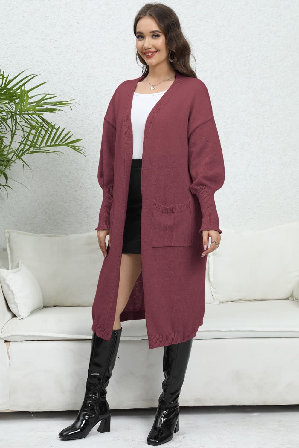 Open Front Dropped Shoulder Cardigan | Casual Polyester Cardigan With Pockets