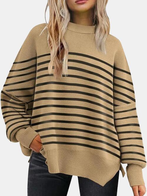 Round Neck Drop Shoulder Slit Sweater | Woman's Casual Stretchy Ribbed Sweater
