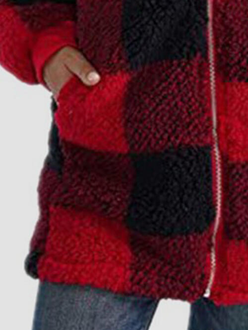 Plaid Zip Up Hooded Jacket with Pockets | Polyester Jacket With Cuffed Sleeves