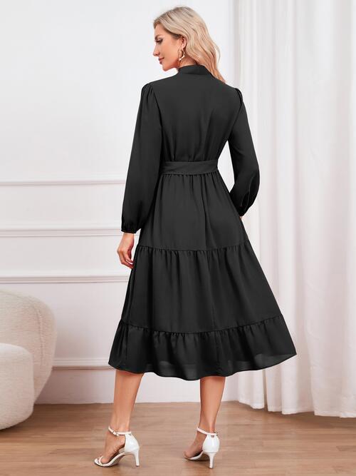 Tie Neck Long Sleeve Tiered Dress | Midi Dress With Waistband & Neck Bow