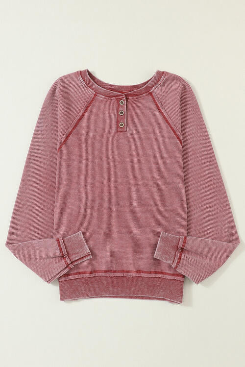 Waffle Knit Raglan Sleeve Henley Sweatshirt | Polyester Sweatshirt With Buttons