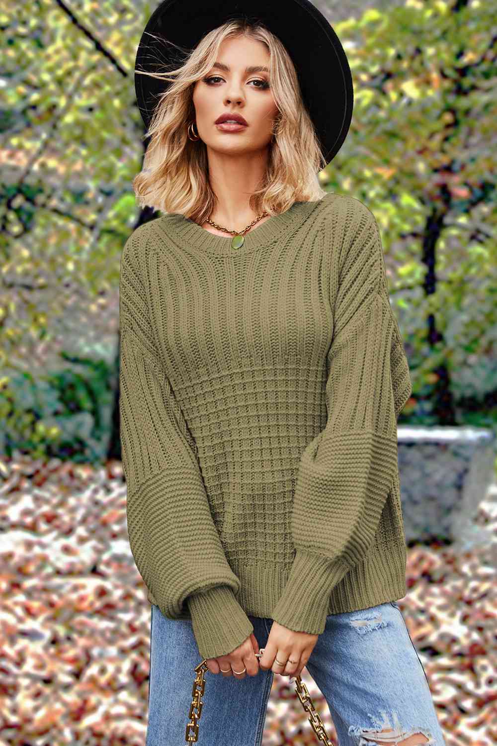 Round Neck Lantern Sleeve Sweater | Solid Acrylic Sweater With Ribbed Cuffs