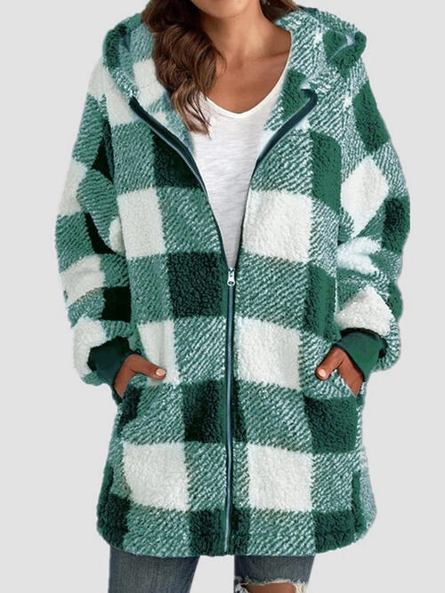 Plaid Zip Up Hooded Jacket with Pockets | Polyester Jacket With Cuffed Sleeves