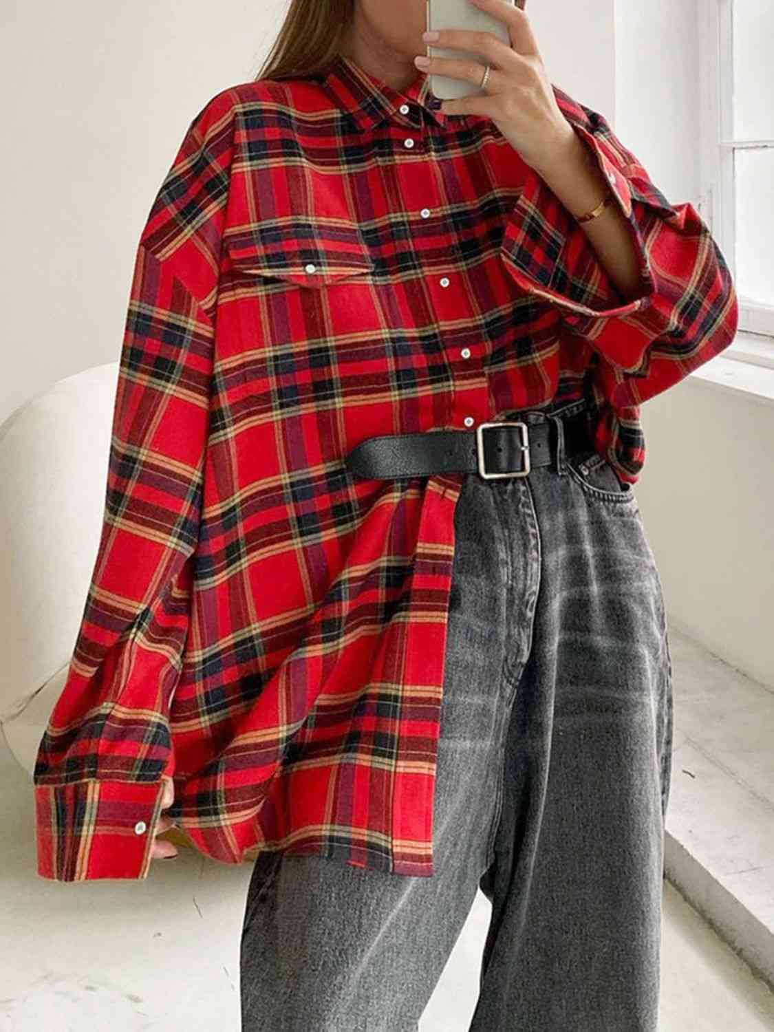 Drop Shoulder Plaid Shirt | Polyester Shirt With Button Closure & Collar Neck
