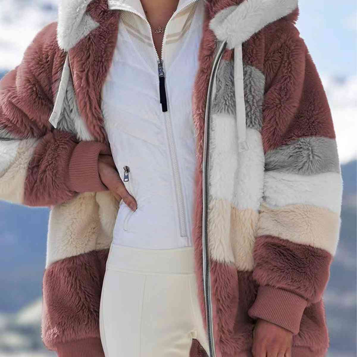 Color Block Zip-Up Hooded Jacket | Pocketed Polyester Jacket With Drawstring