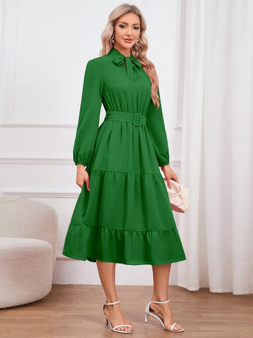 Tie Neck Long Sleeve Tiered Dress | Midi Dress With Waistband & Neck Bow