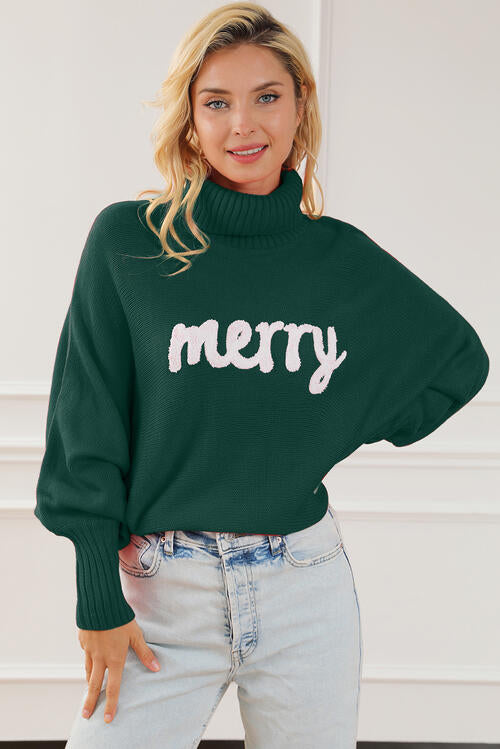 Merry Letter Embroidered High Neck Sweater | Casual Woman's Acrylic Sweater