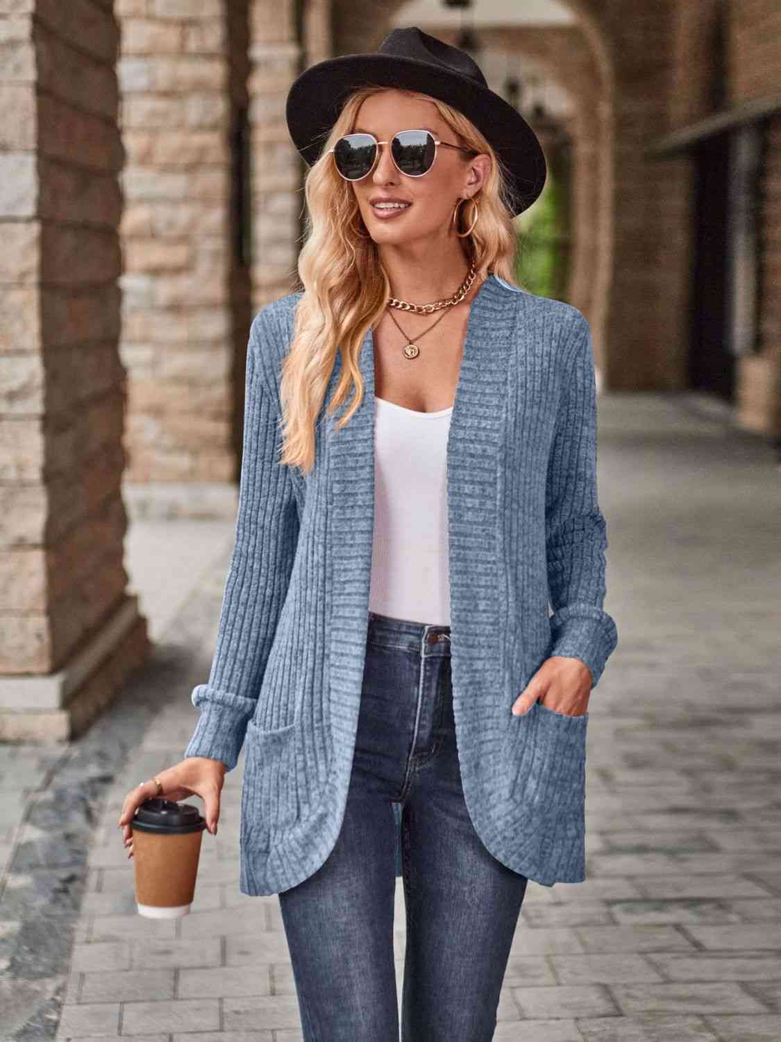 Open Front Cardigan with Pockets | Solid Casual Polyester Ribbed Cardigan
