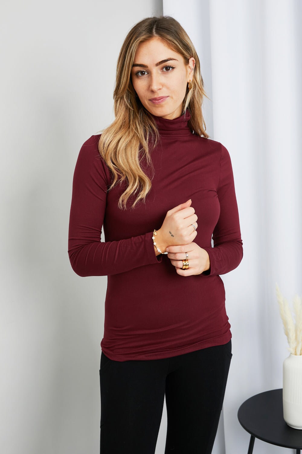 Zenana Better Odds Full Size Microfiber Turtleneck Top in Burgundy | Dark Red Warm Soft Cozy Winter and Autumn High Neck Women Sweater daycasual..com