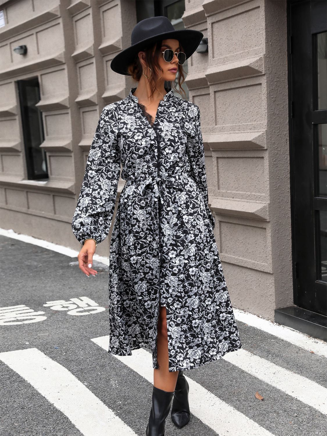 Lace Detail Printed Long Sleeve Midi Dress | Casual A-Line Polyester Tied Dress