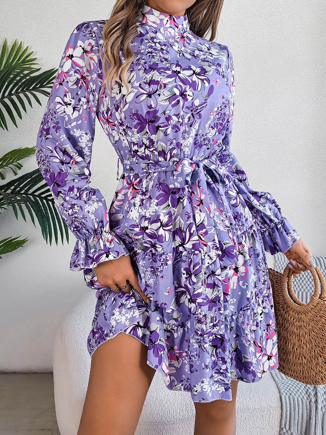 Printed Mock Neck Flounce Sleeve Mini Dress | Casual Floral Polyester Dress