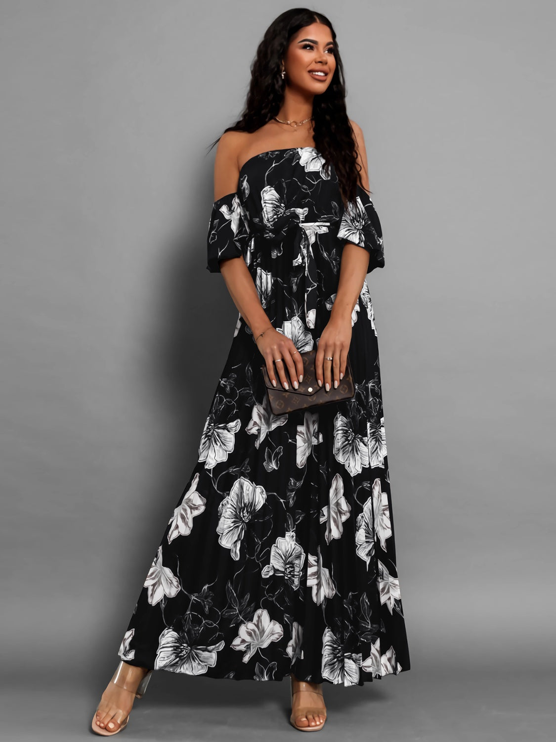 Pleated Floral Off-Shoulder Short Sleeve Midi Dress | A-Line Pleated Dress