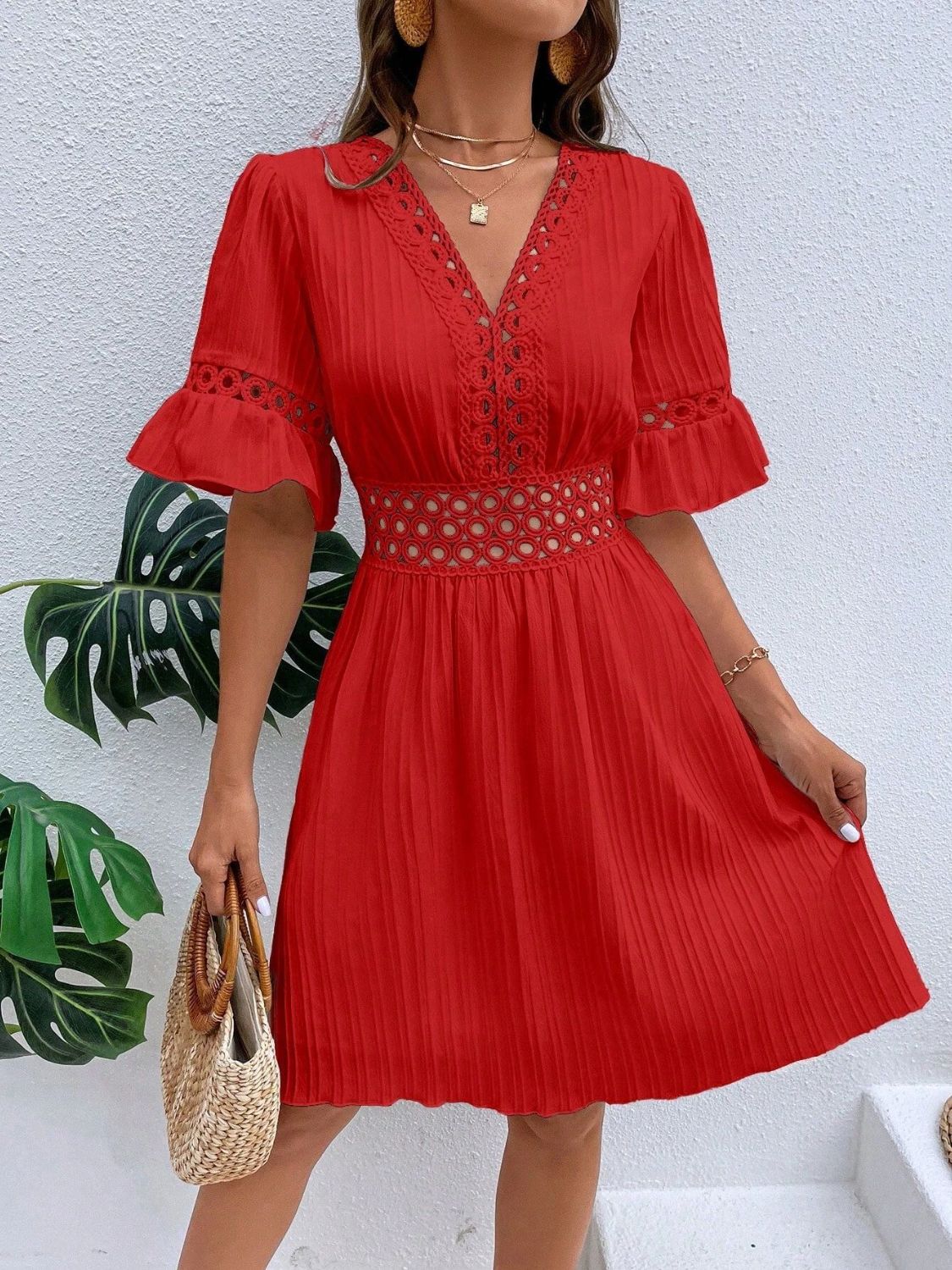 Cutout V-Neck Flounce Sleeve Mini Dress | Casual A-Line Ruffled Polyester Dress
