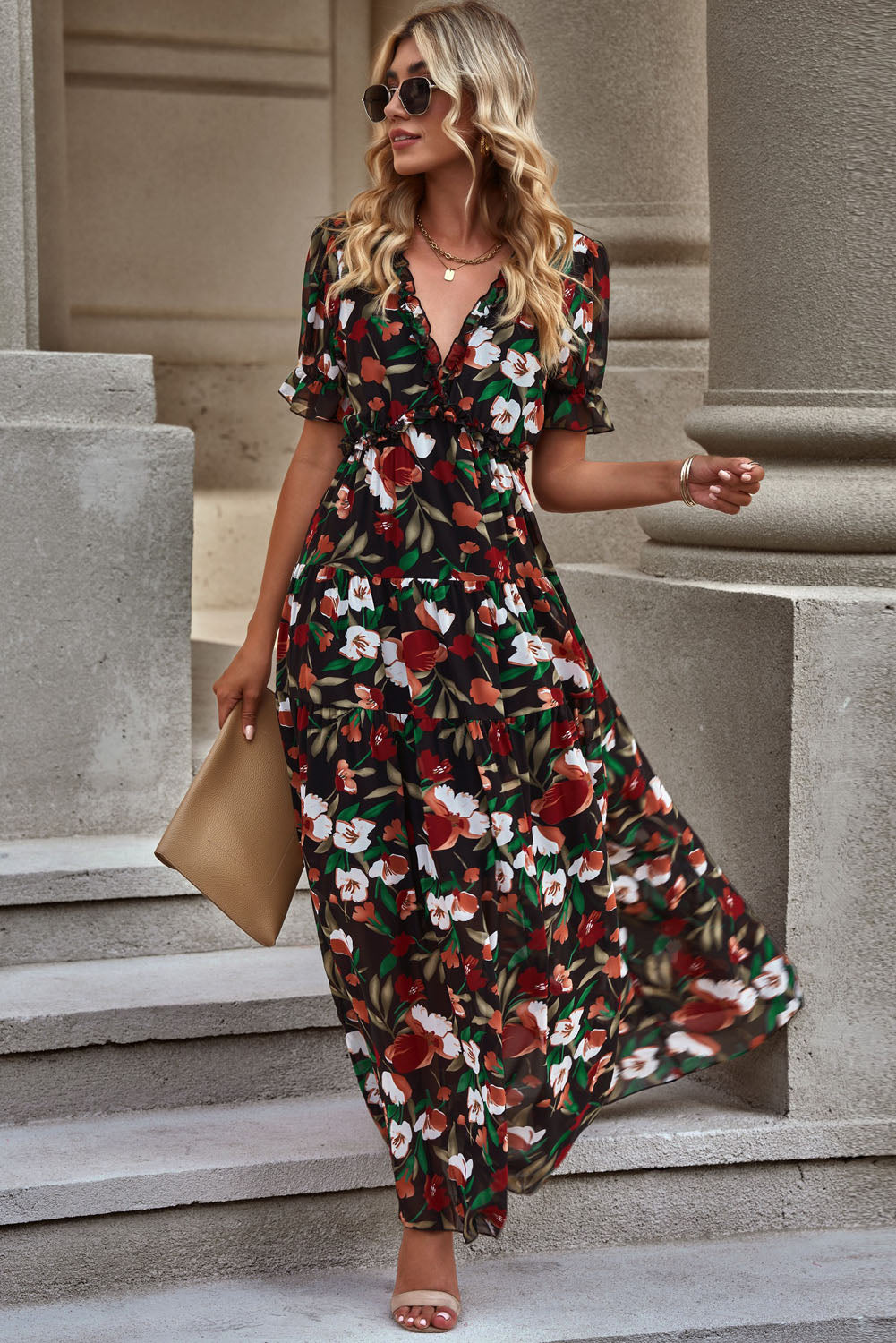 Floral V-Neck Short Flounce Sleeve Dress | Formal A-line Polyester Classy Dress