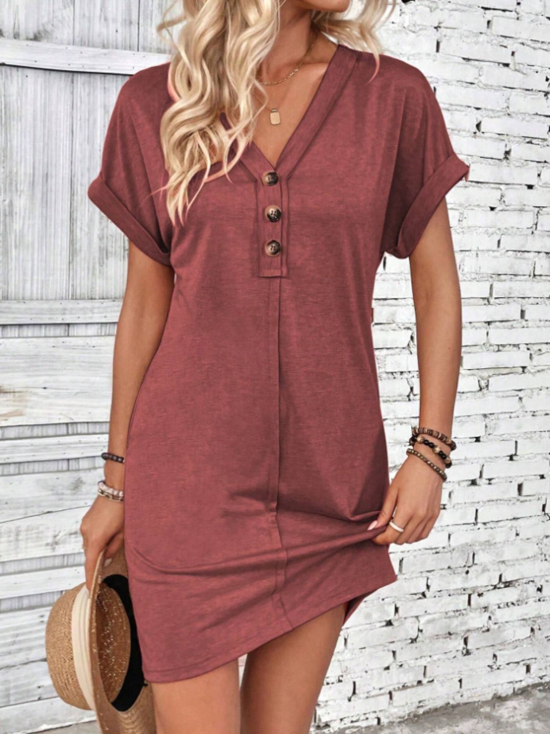 Quarter Button V-Neck Short Sleeve Dress | Casual Mini Solid Polyester Dress