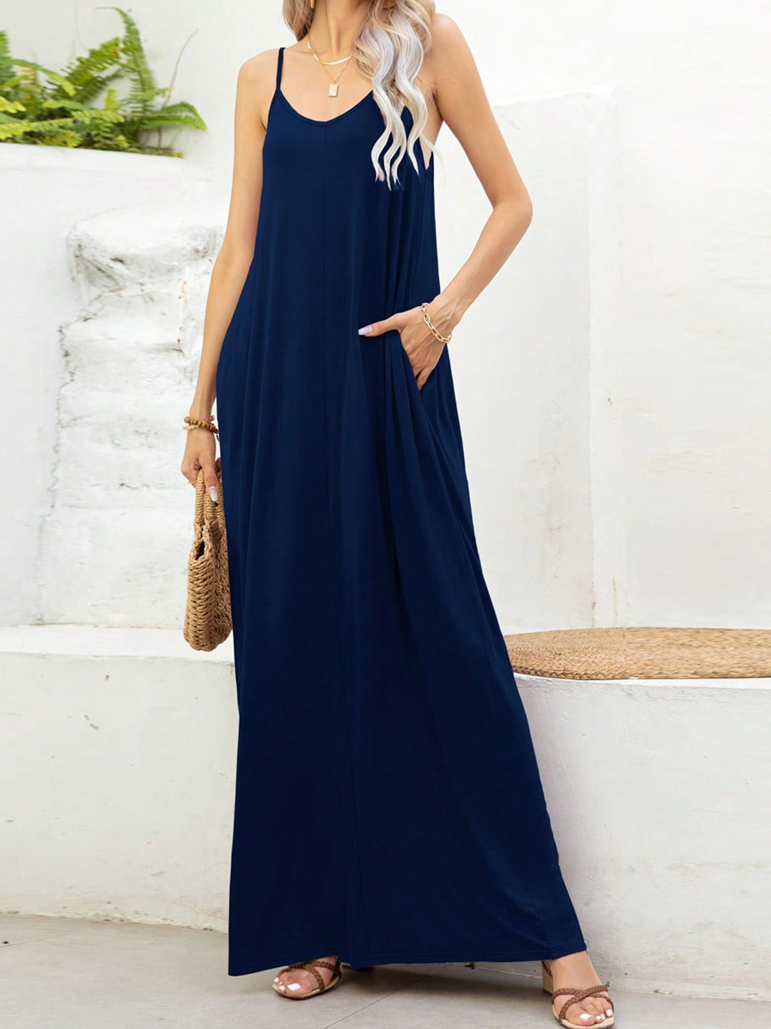 V-Neck Maxi Cami Dress with Pockets | Casual Solid Strapped Viscose Dress