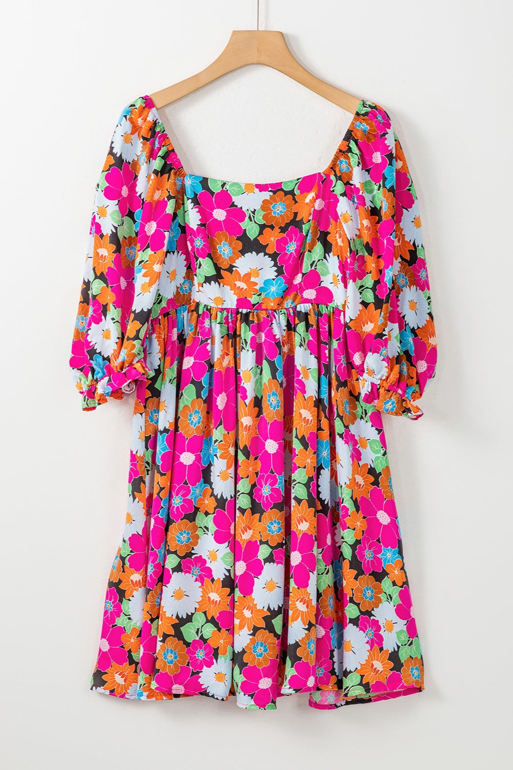 Printed Square Neck Half Sleeve Mini Dress | A-line Floral Polyester Dress