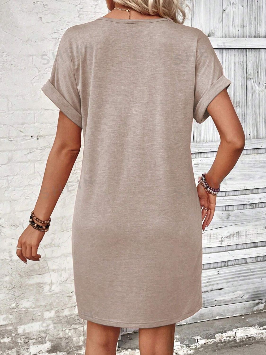 Quarter Button V-Neck Short Sleeve Dress | Casual Mini Solid Polyester Dress