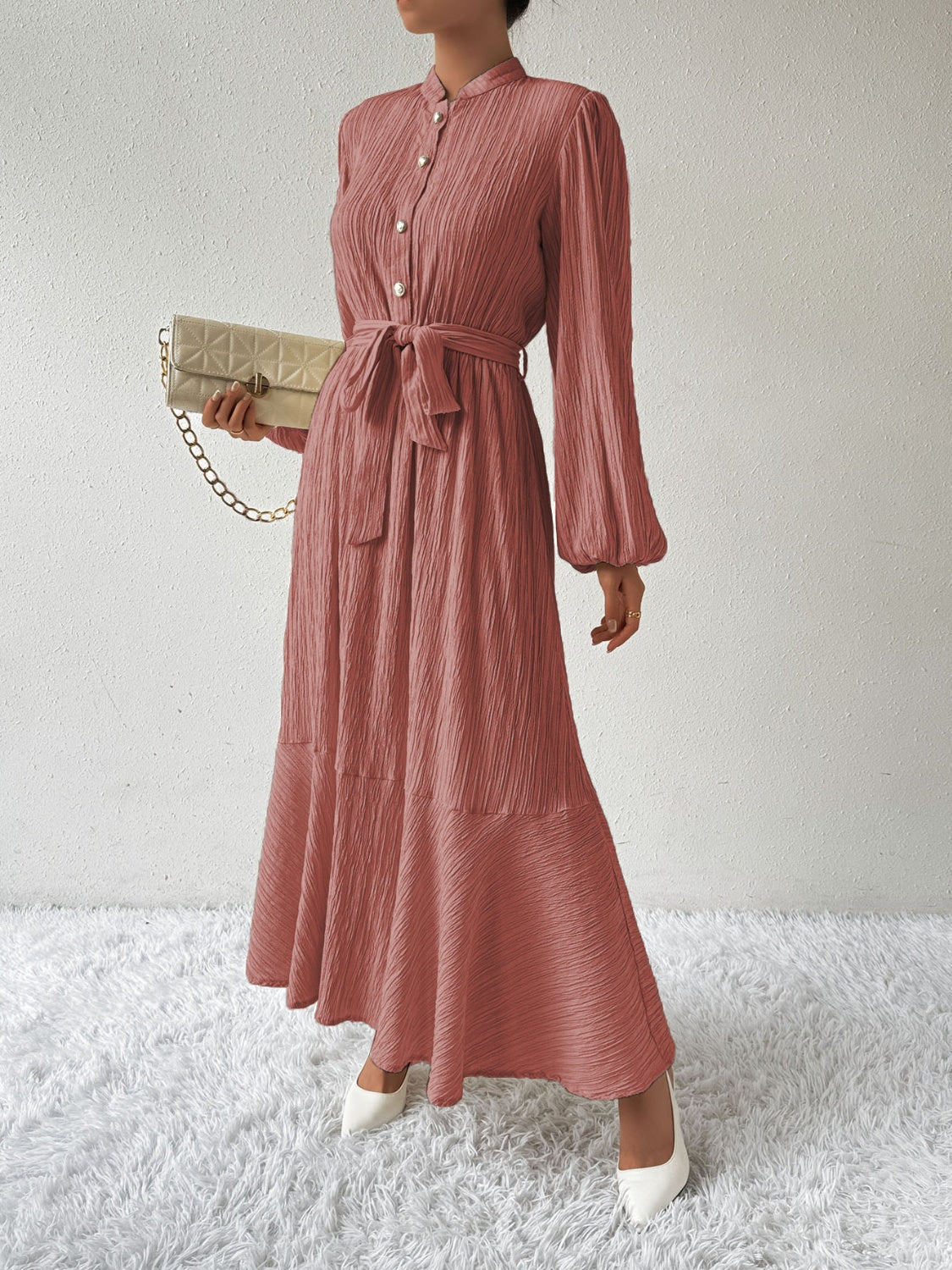 Tie Waist Long Sleeve Dress | A-Line Maxi Solid Buttoned Textured Dress