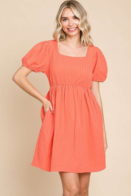 Culture Code Textured Square Neck Short Sleeve Dress | Casual Polyester Dress