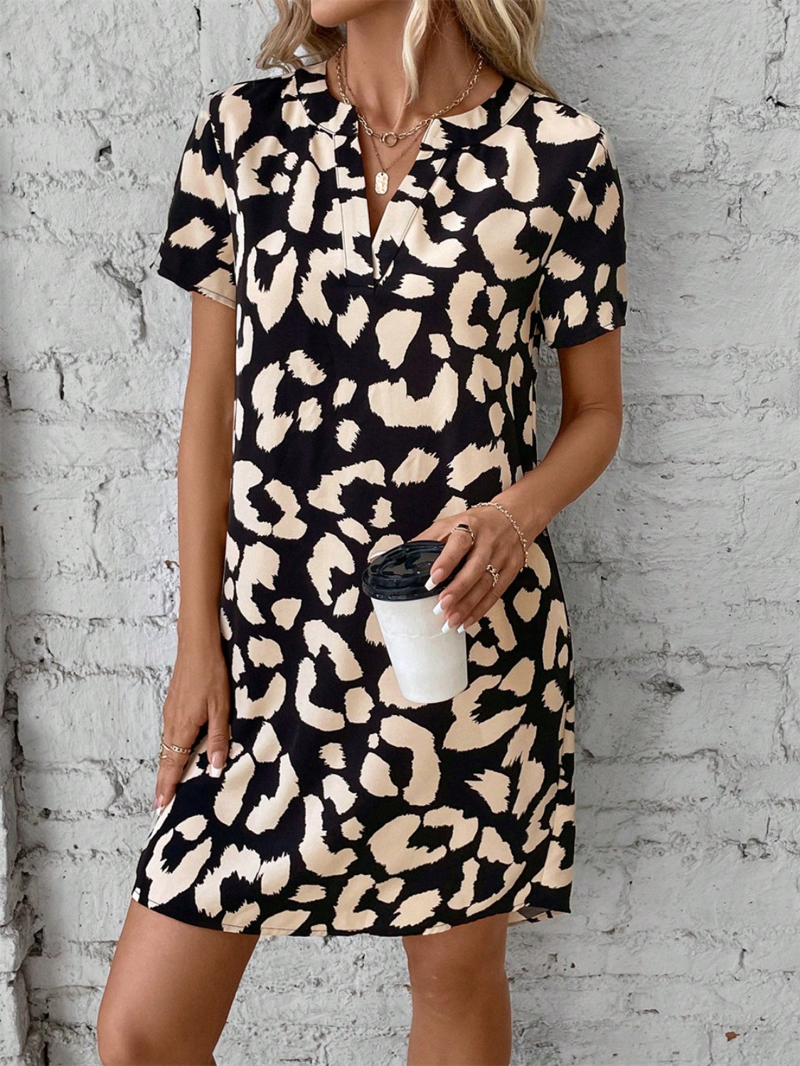 Printed Notched Short Sleeve Mini Dress | A-line Casual Polyester Dress