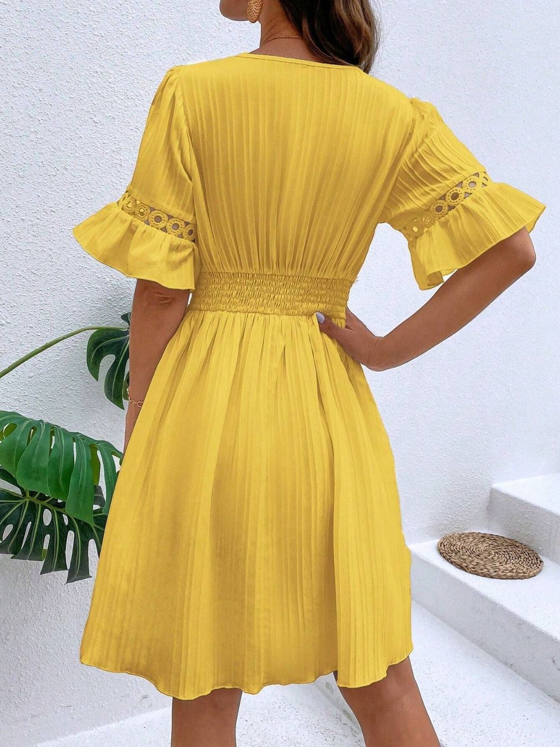 Cutout V-Neck Flounce Sleeve Mini Dress | Casual A-Line Ruffled Polyester Dress