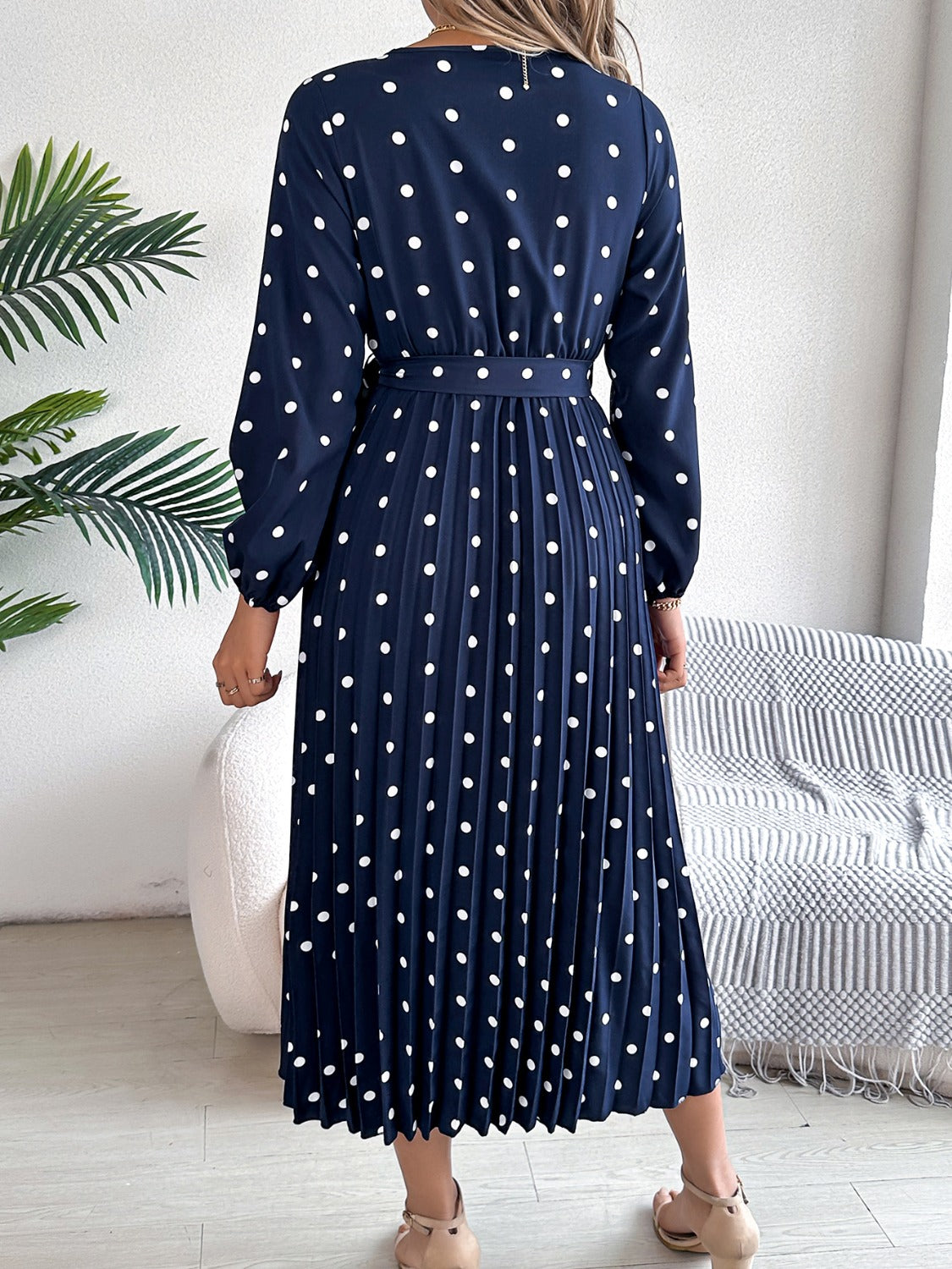 Tied Polka Dot Long Sleeve Midi Dress | Casual A-Line polyester Pleated Dress