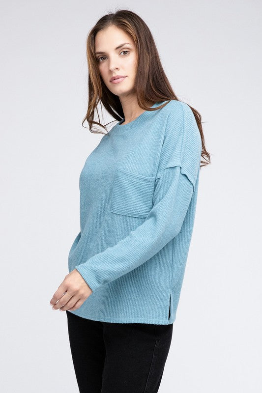 Ribbed Brushed Melange Hacci Sweater with a Pocket | Oversized Casual Sweater