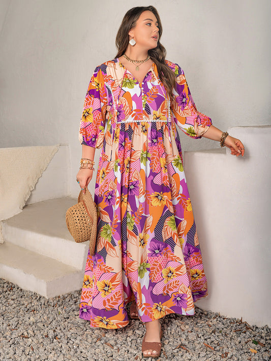 Plus Size Printed Tie Neck Maxi Dress | A-Line plus Size Long Floral Dress