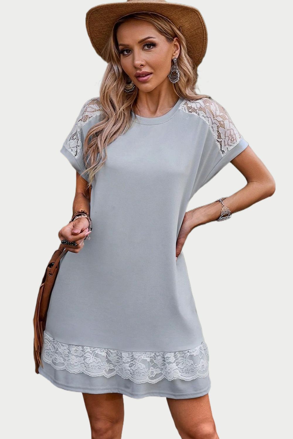 Lace Detail Round Neck Short Sleeve Dress | Casual Polyester Dress W/ Pockets