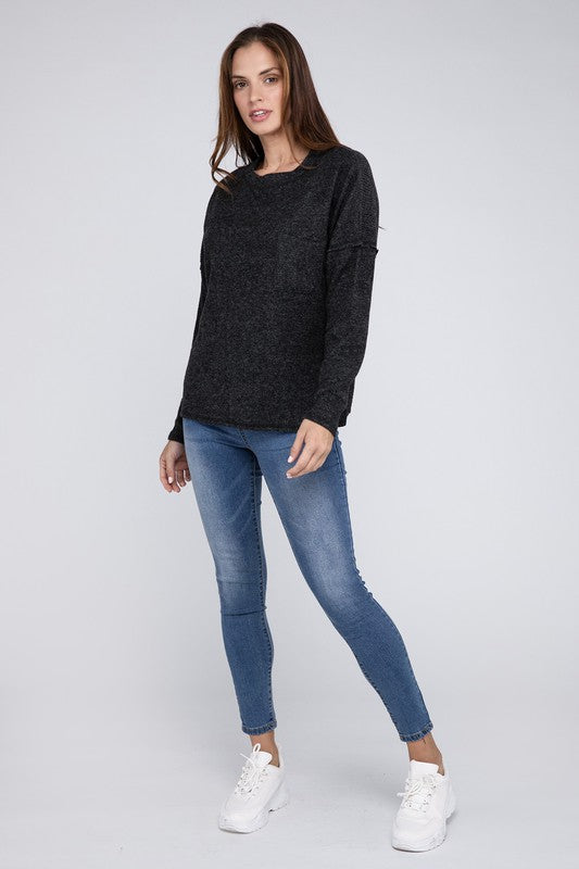 Ribbed Brushed Melange Hacci Sweater with a Pocket | Oversized Casual Sweater