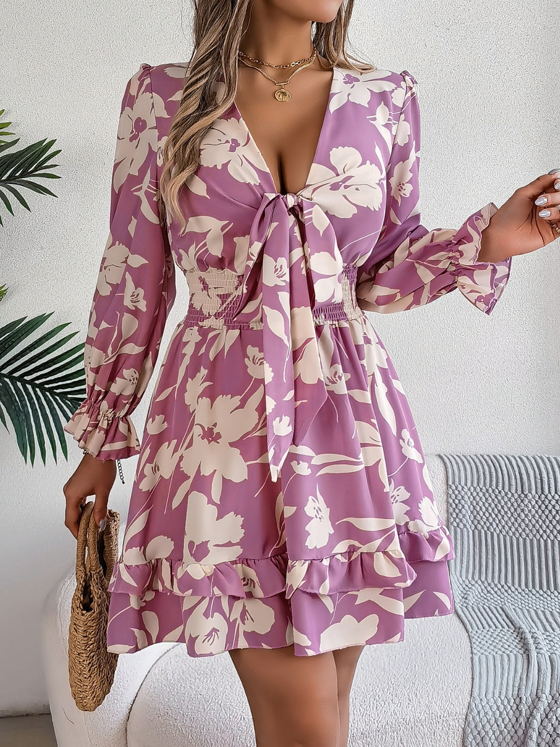 Tied Ruffled Printed Long Sleeve Dress | Casual Mini Floral A-Line Dress