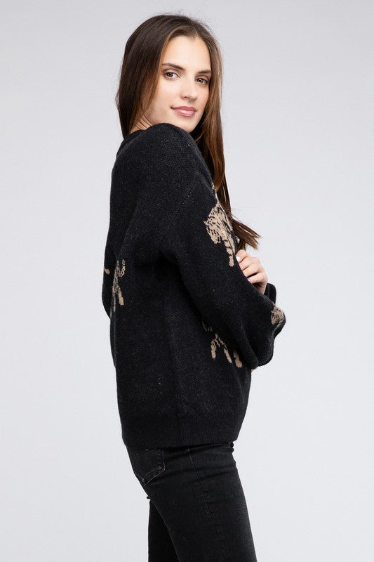 Tiger Pattern Sweater | Casual Round Neck Sweater With Long Cuffed Sleeves