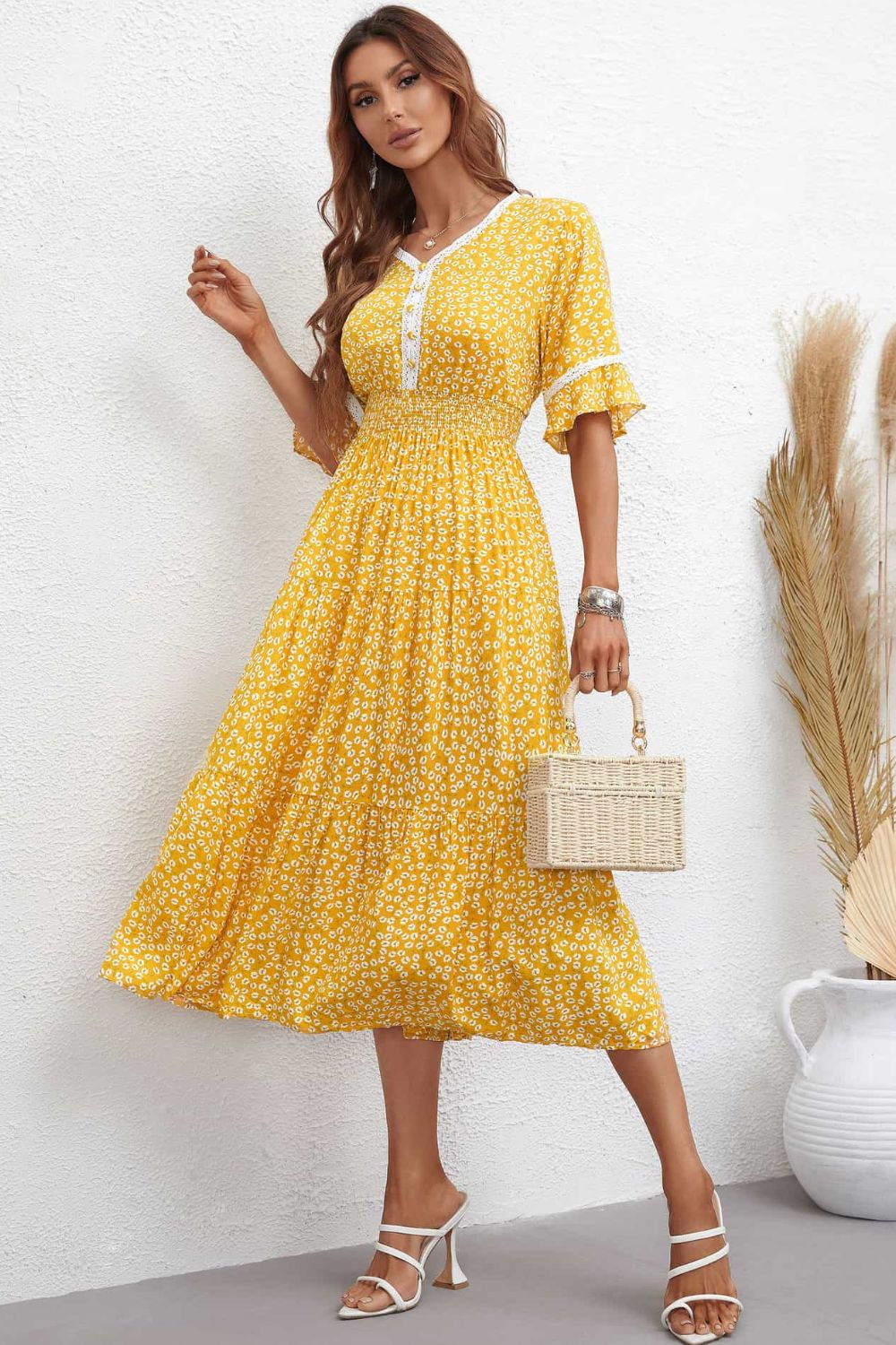 Floral V-Neck Smocked Waist Midi Dress | A-Line Printed Casual Half Sleeve Dress