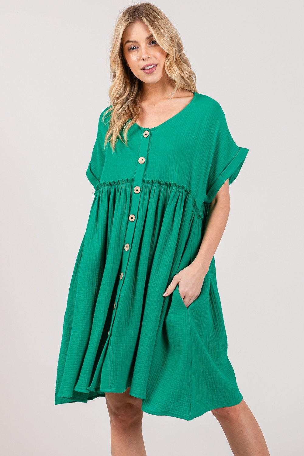 SAGE + FIG Full Size Button Up Short Sleeve Dress | Casual A-Line Ruched Dress