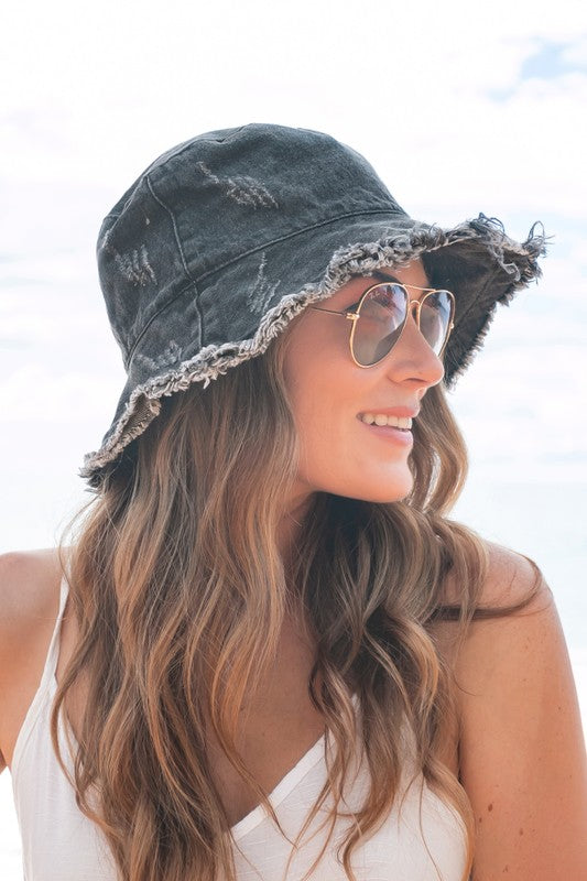 Denim Bucket Hat | Casual Solid Washed Denim Bucket Hat With Frayed Edges